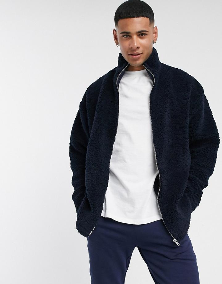 Asos Design Oversized Track Top In Navy Teddy Borg