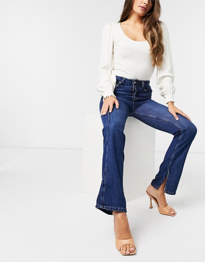 Stradivarius Straight Leg Jeans With Split Hem In Blue