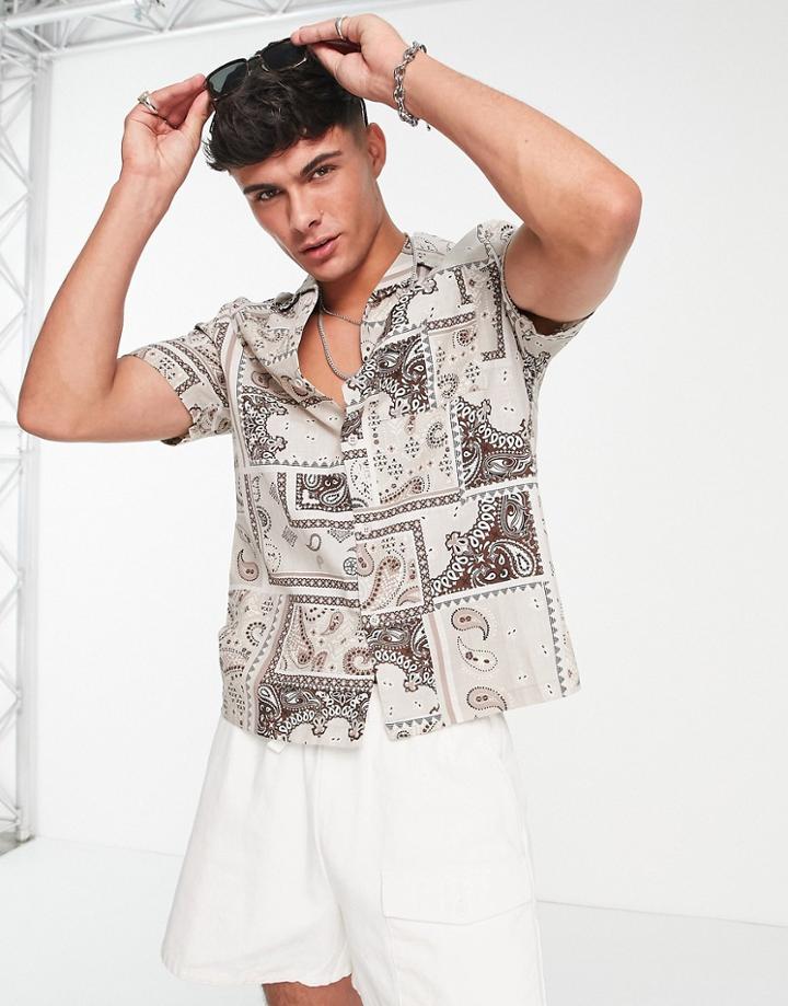 River Island Paisley Patchwork Revere Collar Shirt In Stone-neutral