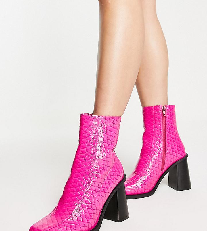 Daisy Street Exclusive Heeled Boots In Pink Croc