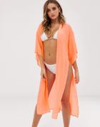 Asos Design Tie Front Beach Kimono In Fluro Orange - Orange