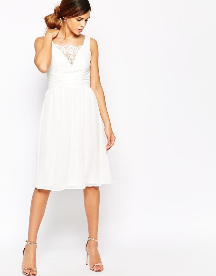 Elise Ryan Ruched Midi Skater Dress With Plunge Lace Bust - Black $87.00