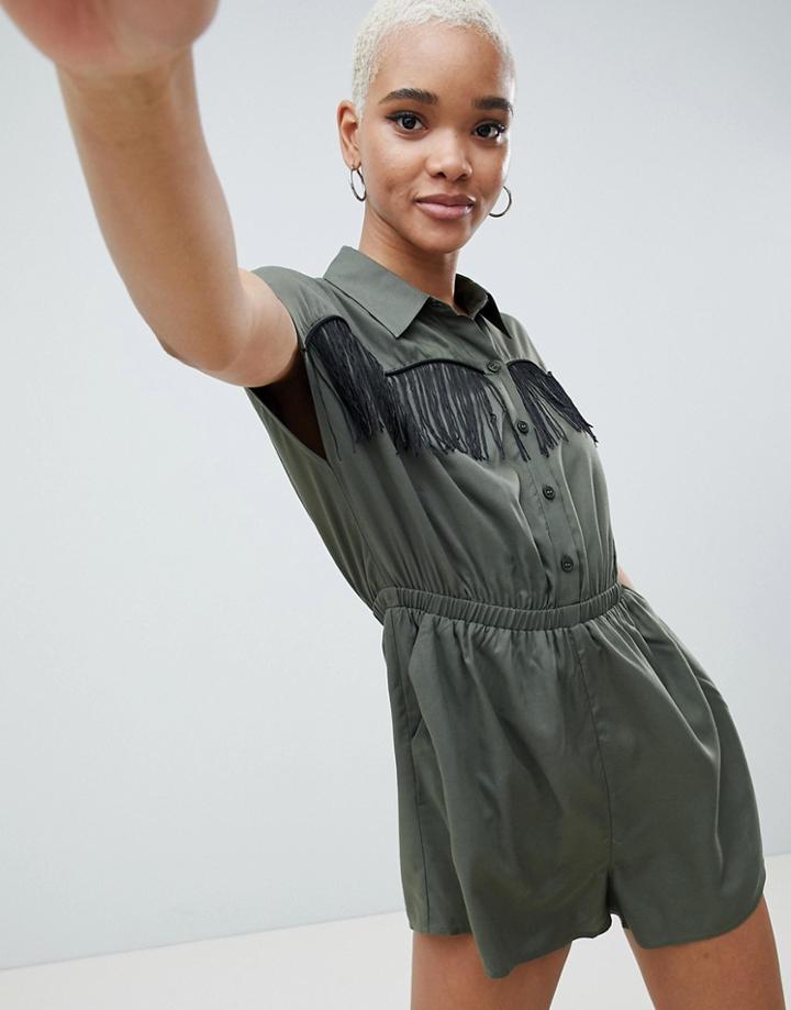 Asos Design Western Romper With Fringe Detail - Green