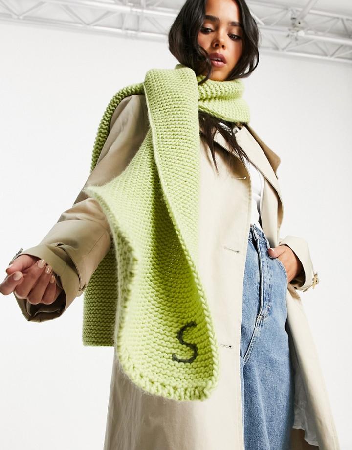 Asos Design Knitted Personalized Scarf With S Initial In Green