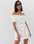 Asos Design Button Through Bardot Slub Sundress-white