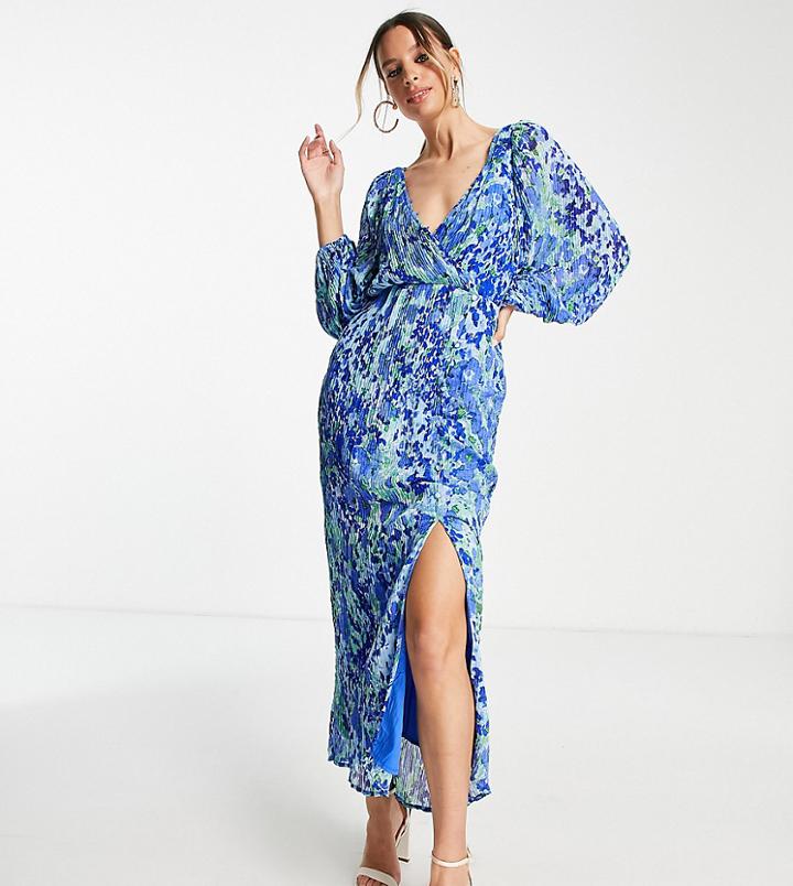 Asos Design Tall Plisse Midi Dress With Button Detail In Floral Print-multi