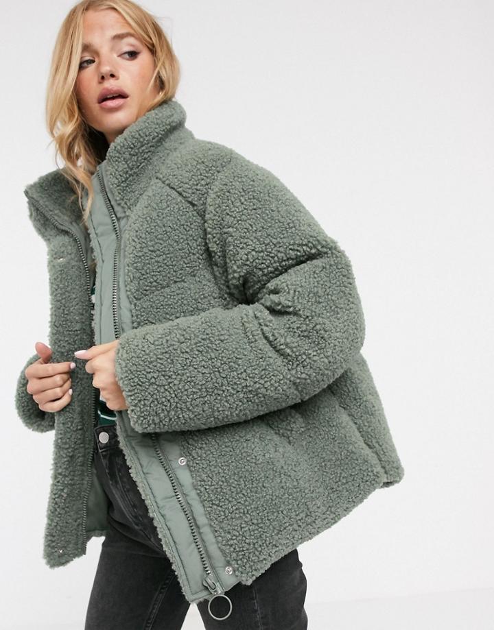 Asos Design Fleece Puffer Jacket In Sage