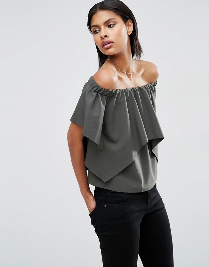 Asos Tiered Off Shoulder Top - Green
