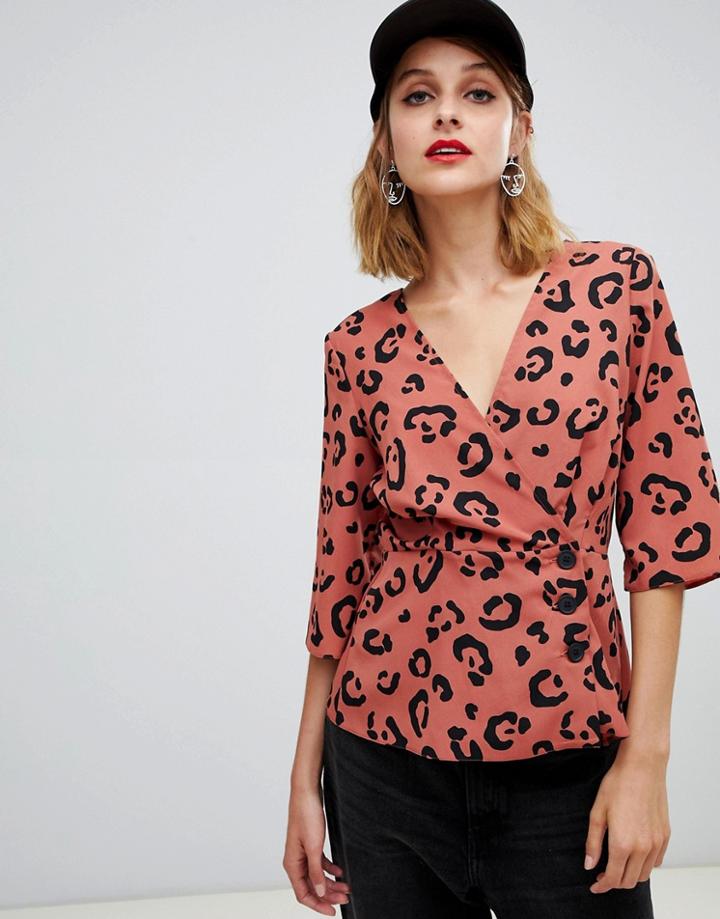 Asos Design Wrap Top With Button Detail In Animal Print - Multi