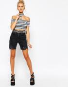 The Ragged Priest Longline Denim Boyfriend Shorts With Hand Painted Back Pockets. - Black