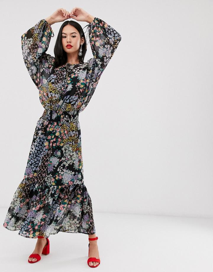 Asos Design Maxi Dress With Shirred Waist In Grunge Ditsy Floral Print-multi