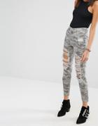 Missguided Riot Mom High Rise Ripped Camo Slim Leg Jean - Green