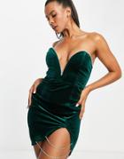 Band Of Stars Velvet Plunge Front Mini Dress With Embellished Trim In Emerald Green