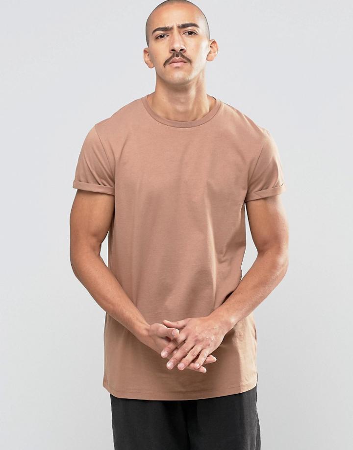 Asos Longline T-shirt With Roll Sleeve In Brown - Tanners Brown