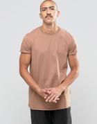 Asos Longline T-shirt With Roll Sleeve In Brown - Tanners Brown