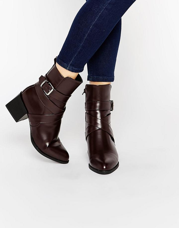 Truffle Collection Block Heel Boots With Wrapover Buckle - Red