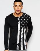 Asos Muscle Long Sleeve T-shirt With Flag Print And Cuff Zips - Black