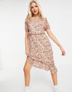 Influence Floral Print Midi Dress With Frill Hem-pink