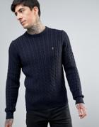 Farah Lewes Crew Sweater Cable Knit Slim Fit In Navy - Navy