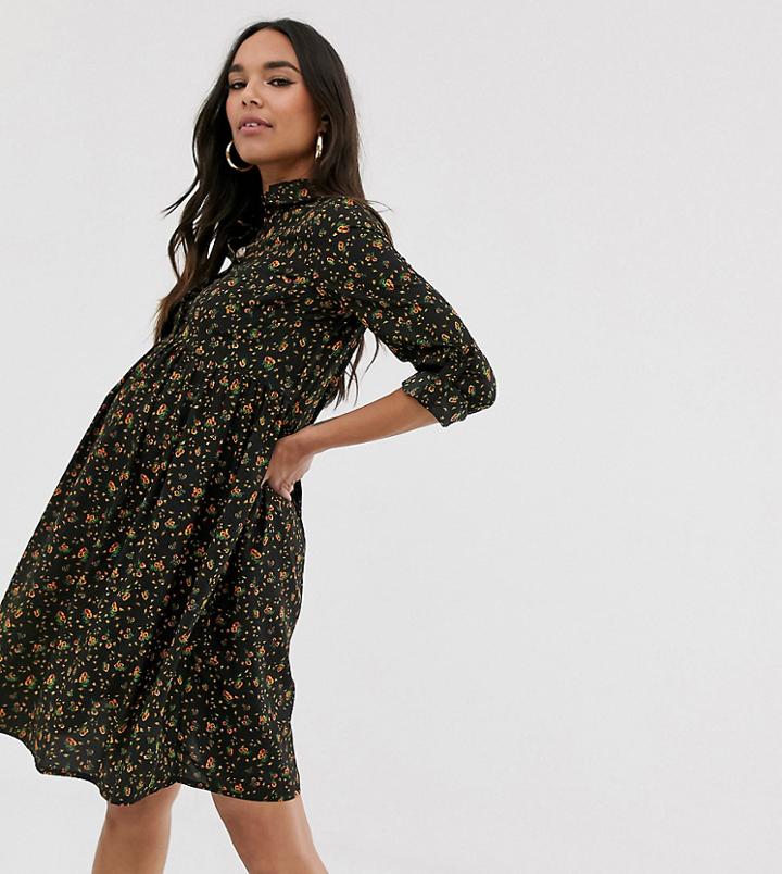 New Look Maternity Roll Sleeve Shirt Dress In Dark Floral Print - Black