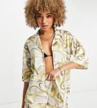 Public Desire Satin Beach Shirt In Green Swirl Print - Part Of A Set-multi