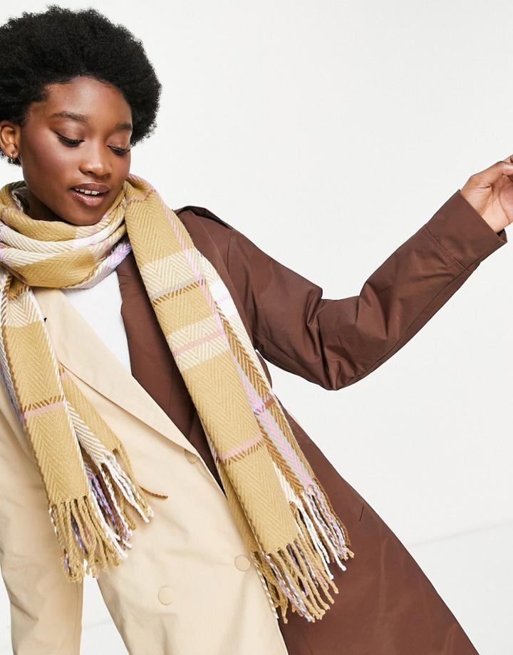 Boardmans Check Tassle Trim Scarf In Camel-neutral