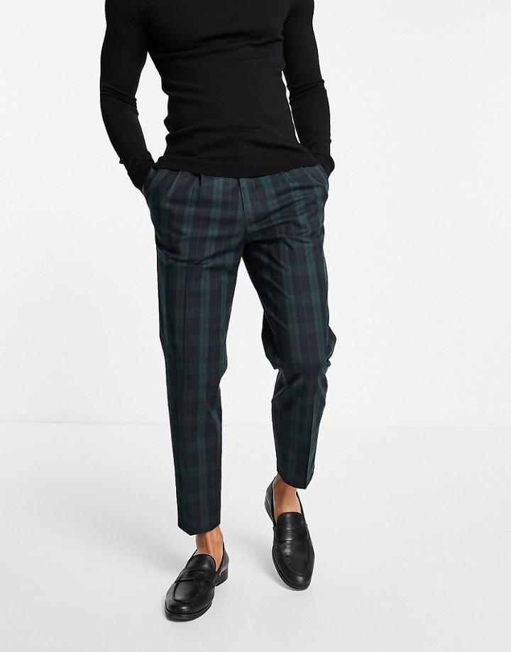 River Island Pleated Smart Pants In Blackwatch Check-green