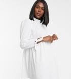 Asos Design Maternity High Neck Mini Smock Dress With Pin Tucks And Tie Sleeves - White
