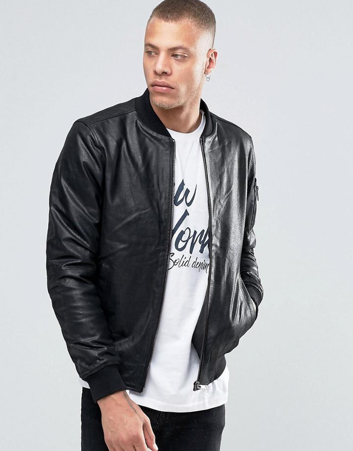 Solid Leather Bomber Jacket - Black