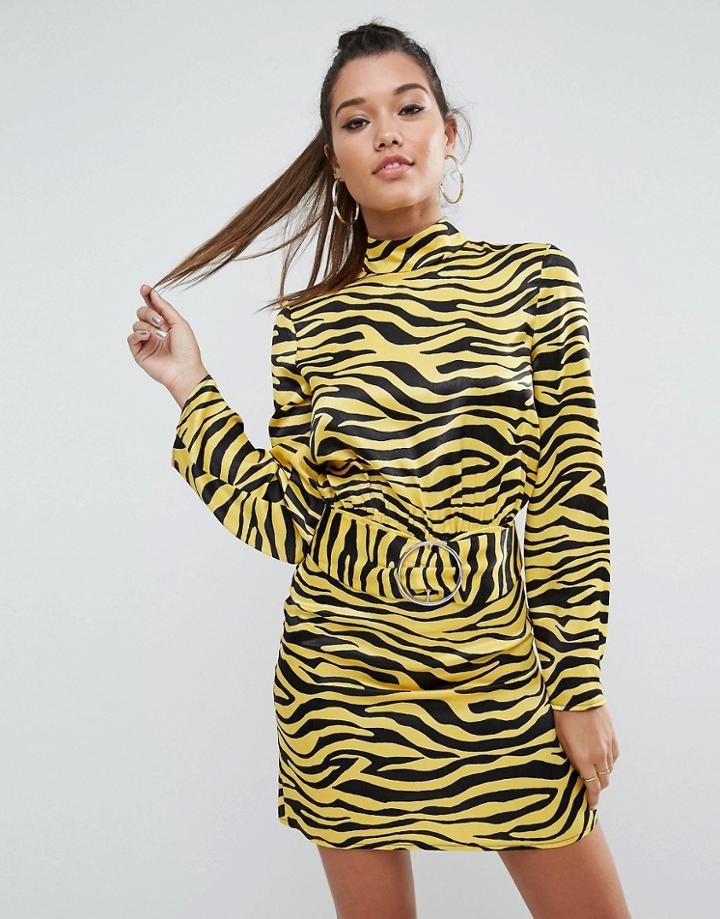 Asos Zebra Print High Neck Belted Mini Dress - Multi
