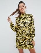 Asos Zebra Print High Neck Belted Mini Dress - Multi