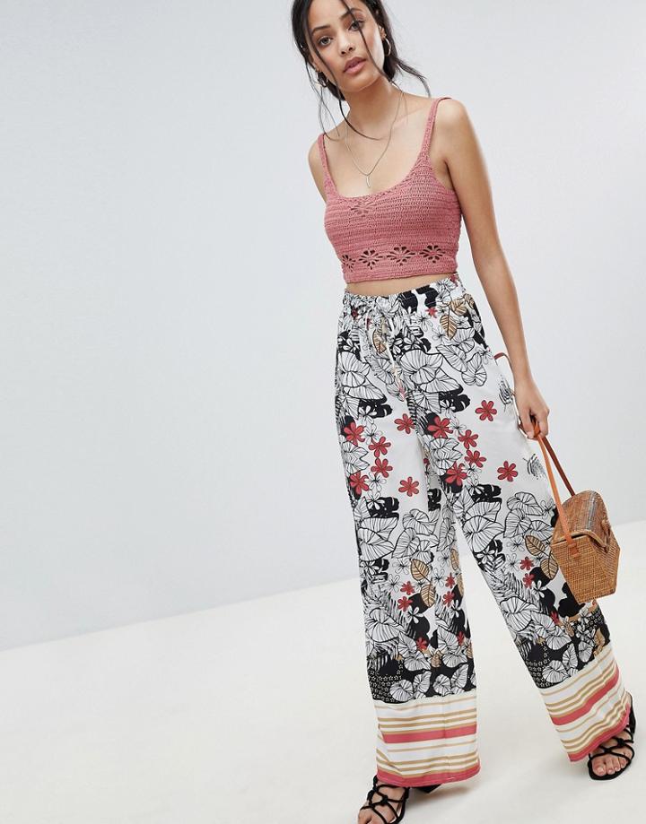 Parisian Wide Leg Floral Pants With Border Print - White