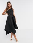 Asos Design One Shoulder Midi Prom Dress With Asymmetric Hem And Lace Up Eyelet Detail In Black