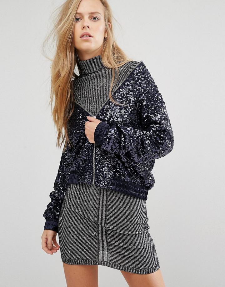 Miss Selfridge Sequin Bomber - Navy