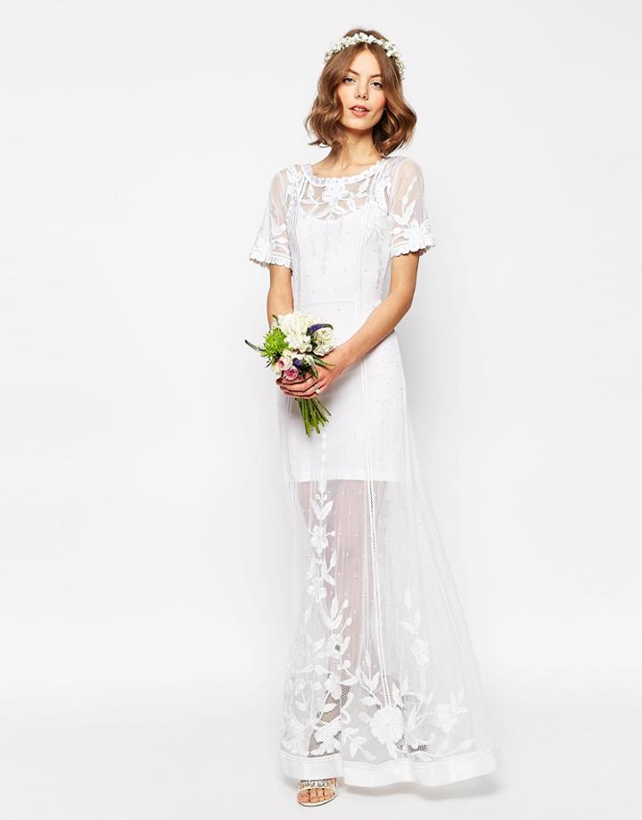 Asos Bridal Delicate Lace And Pearl Maxi Dress - White