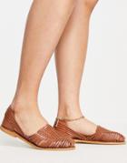 Asos Design Mileage Woven Leather Flat Shoes In Tan-brown
