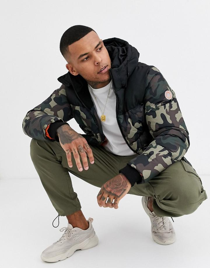 Bershka Color Block Puffer Jacket In Camo-green