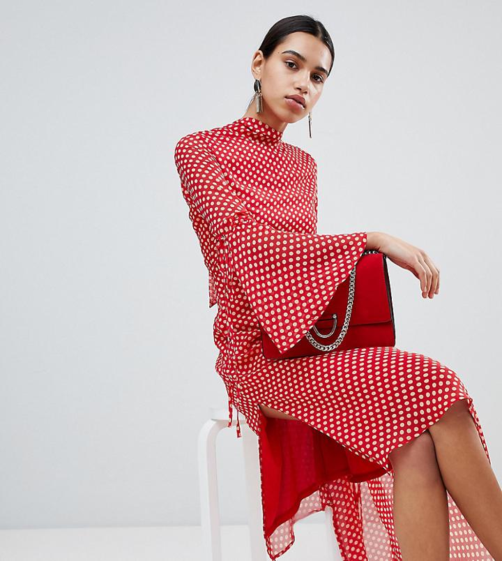 Boohoo High Neck Polka Dot Asymmetric Hem Dress - Red
