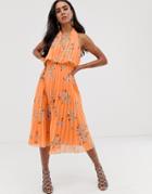 Asos Design Pleated Midi Dress With Double Layer Bodice And V Neck In Orange Floral Print - Multi