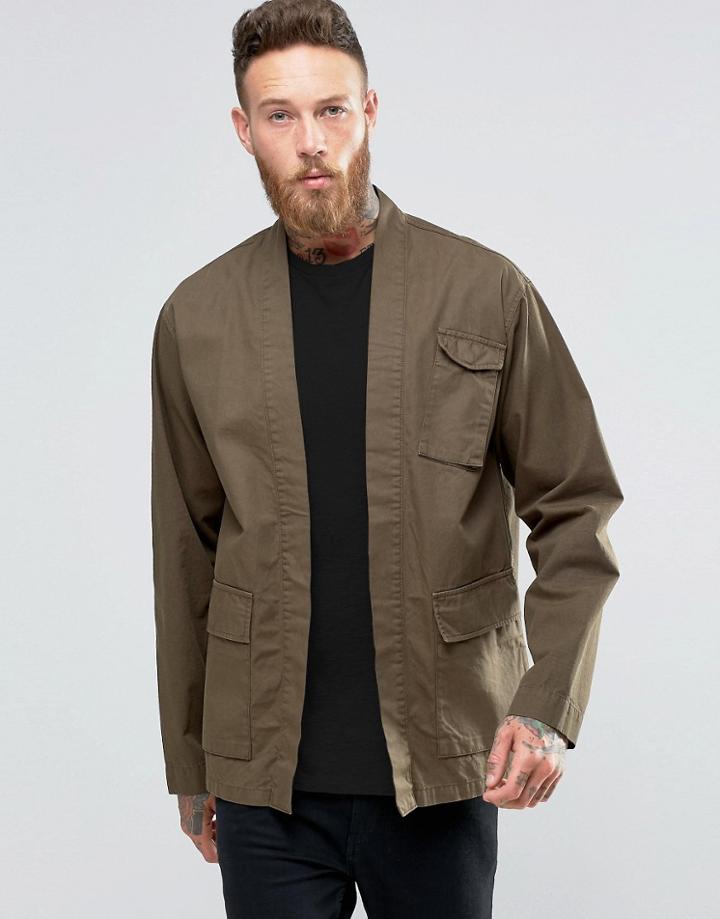 Asos Military Kimono In Khaki With Pockets And Half Sleeve - Green