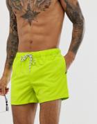 Asos Design Swim Shorts In Neon Green Short Length With Black & White Drawcord - Green