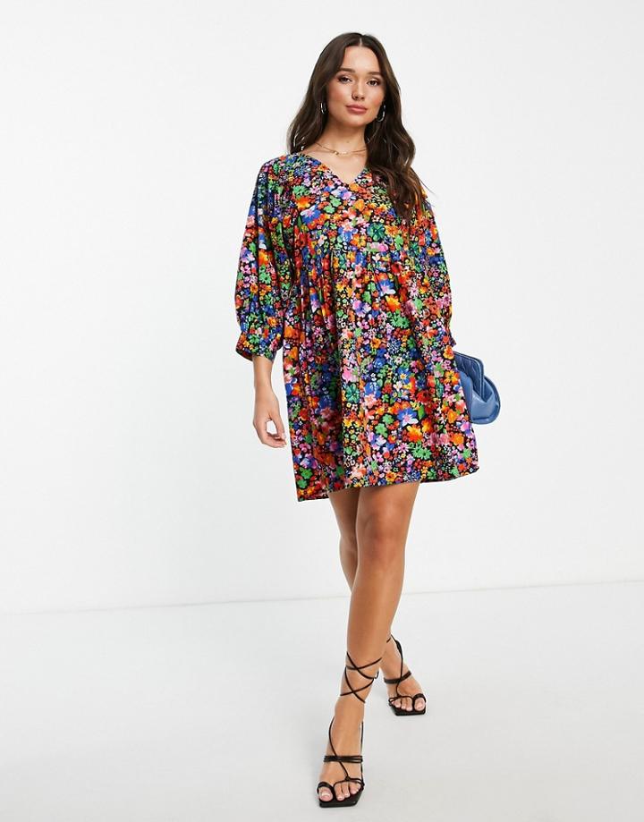 Vila V-neck Mini Smock Dress In Bright Floral-multi