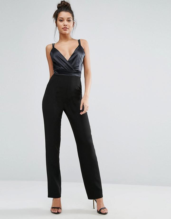 Vesper Plunge Jumpsuit With Satin Bodice - Black