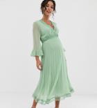 Asos Design Maternity Pleated Midi Dress With Lace Inserts-green