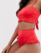 Asos Design Glam Frill Cut Out High Waist Bikini Bottom In Red - Red
