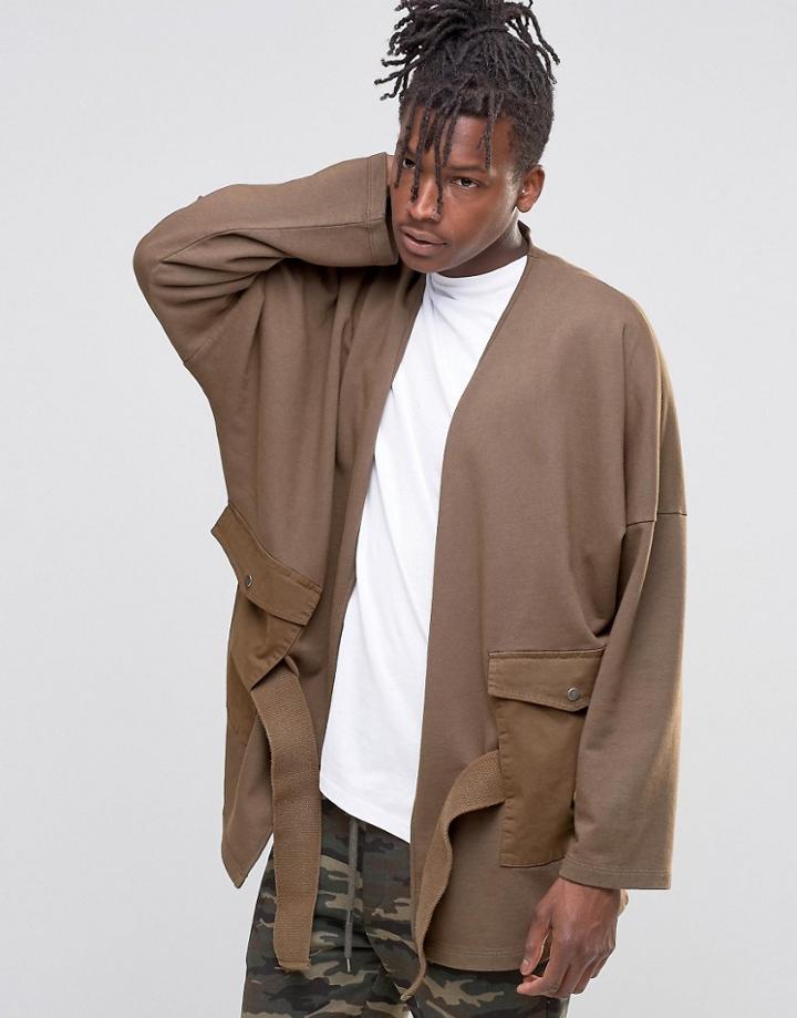 Asos Oversized Cardigan With Woven Pockets - Khaki