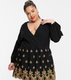 Asos Design Curve Wrap Dress With Gold Cutwork Embroidery Detail In Black