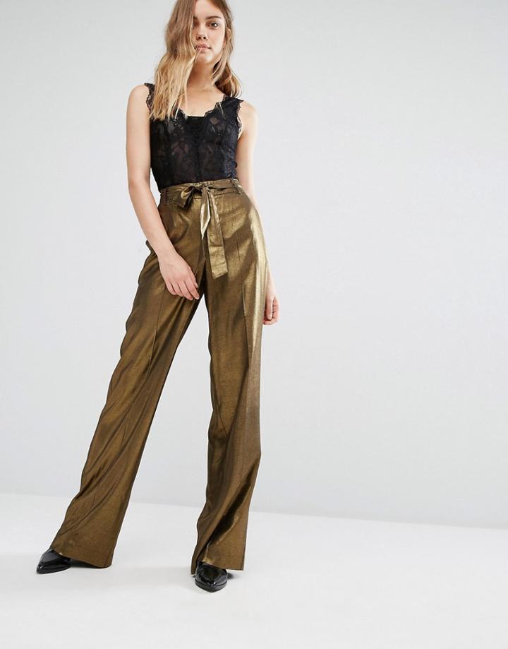 Gestuz Gold Lame Wide Leg Pants - Gold