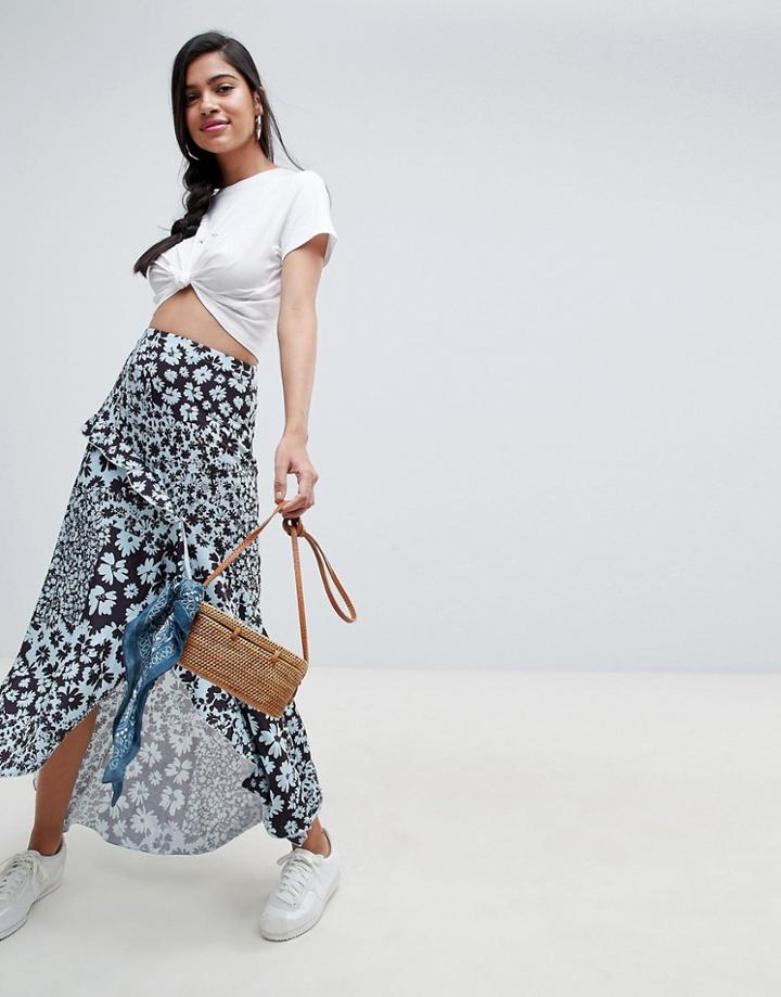 Asos Design Mixed Blue Floral Maxi Skirt With Hanky Hem - Multi