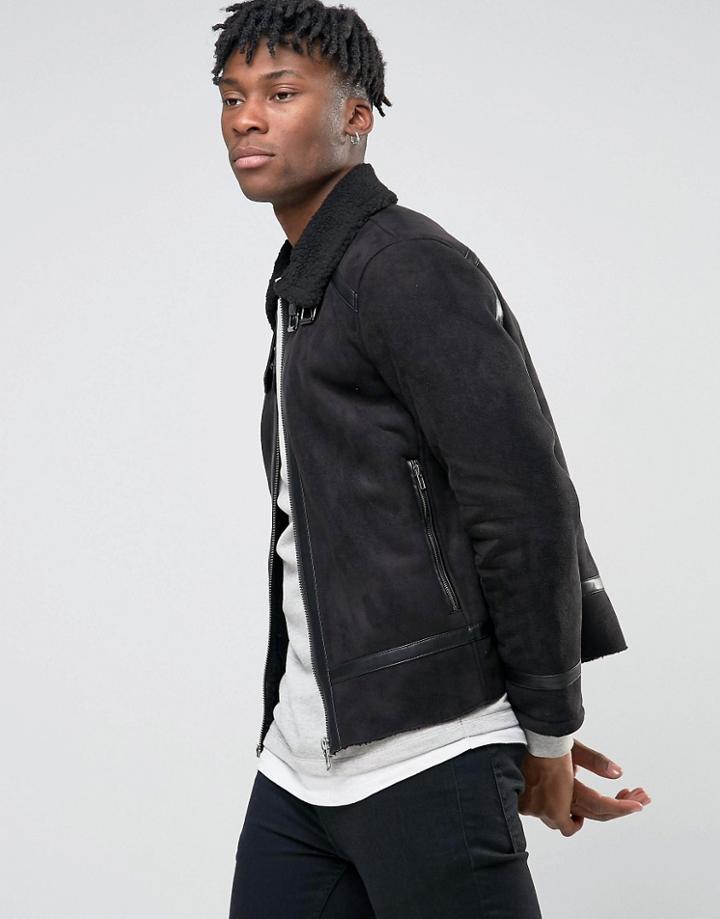Bl7ck Longline Aviator Jacket In Leather Look - Black